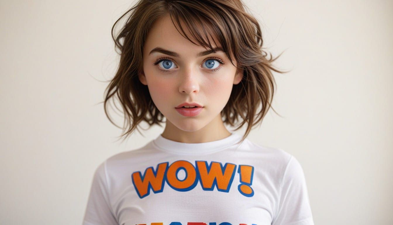 Girly, Bright Blue Eyes, Surprised Expression in Playful Lig...