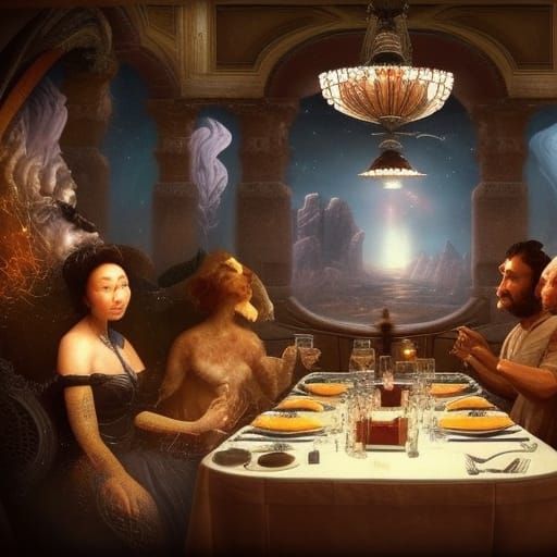 Space Creatures Eating at a Fancy Crowded Restaurant , Paint...