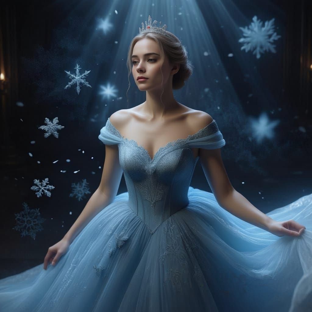  A hyperrealistic portrait of a young woman in a luxurious light blue Cinderella-style dress. The composition is austere, showing only her w...