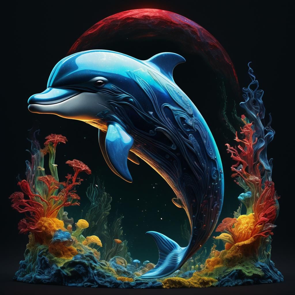 Sapphire Dolphin Amidst Cosmic Mycelium Dreamscape