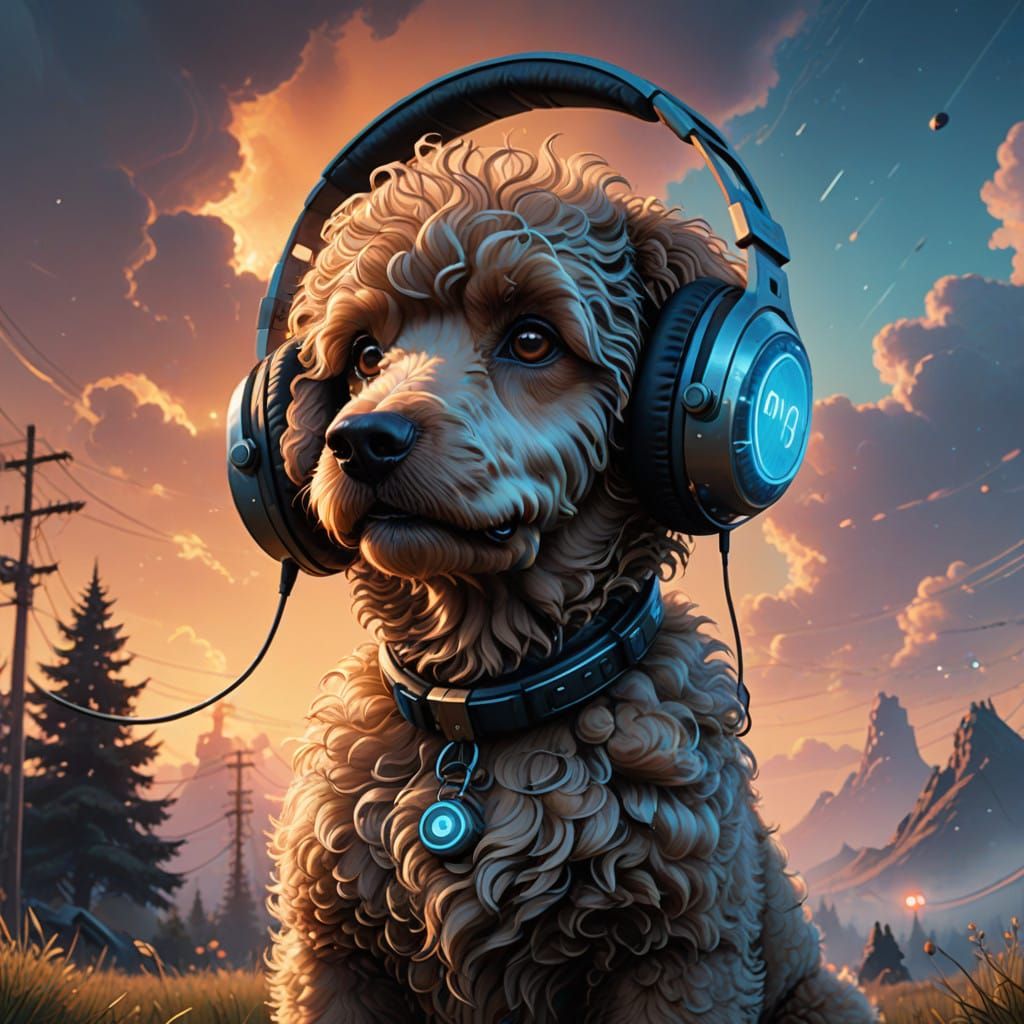 Retro-Futuristic Poodle in Dreamlike Soundscape