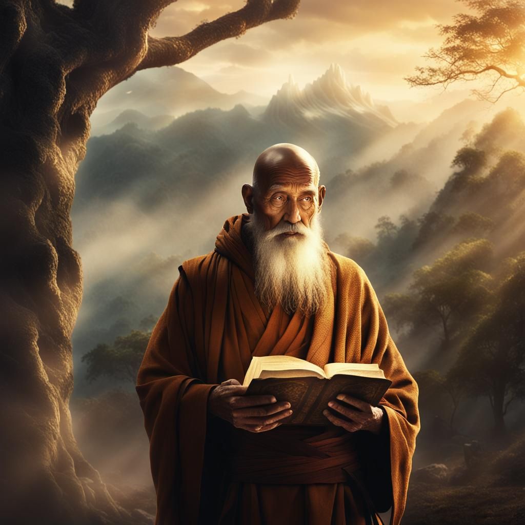 Mystical Monk with Scripture in Digital Painting