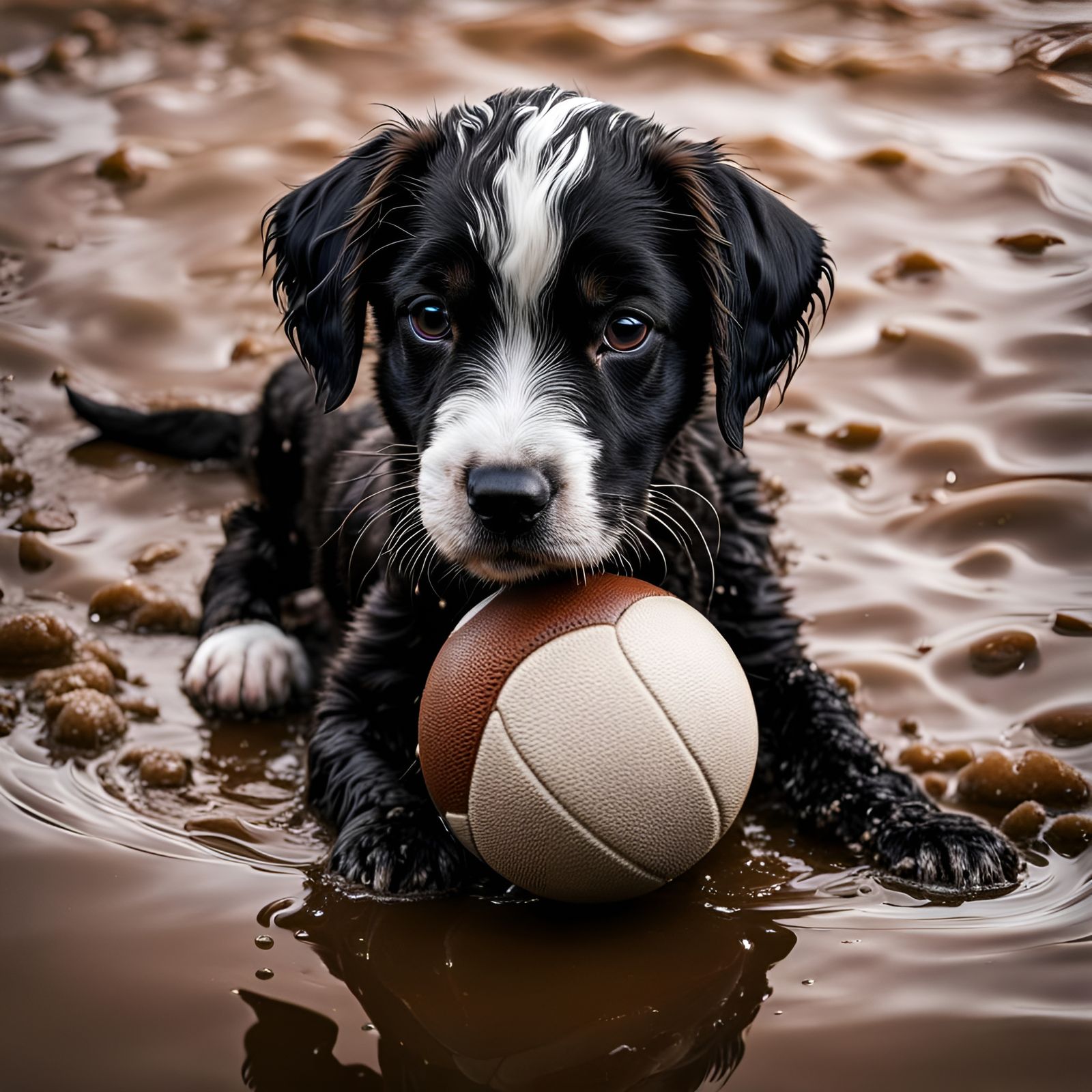 close-up of puppy with wet fur and a football  by @Charlotti