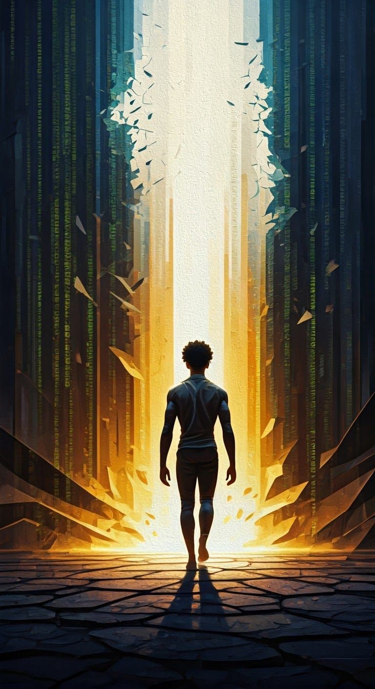 African Figure Escapes Decaying Cyberpunk City