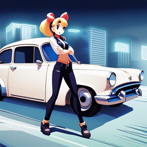 Minnie May stood by a miniature Japanese car, Gunsmith Cats manga AI