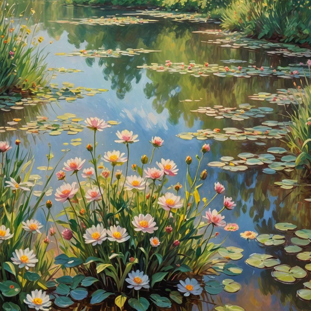 Impressionist Bach Flowers on Riverbank in Pastel Colors