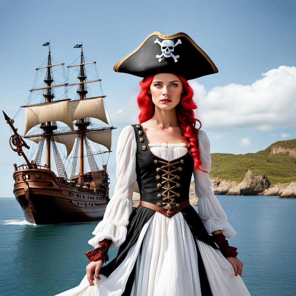 ship with wild lady in pirate hat and dress