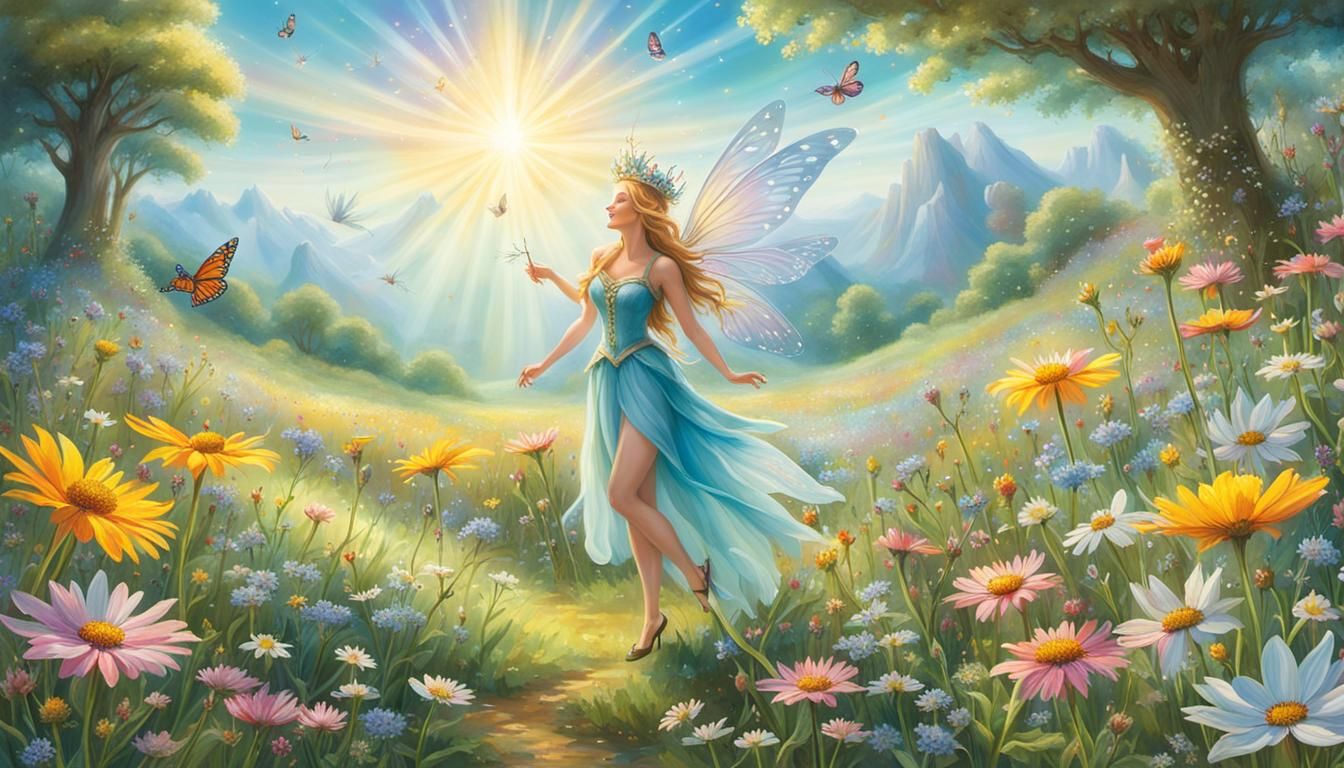 A whimsical scene of a fairy kingdom, spanning all four seas...