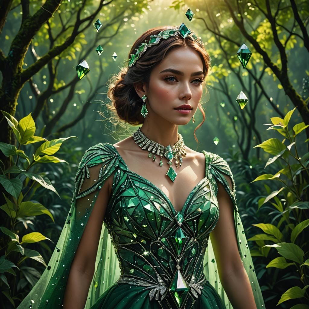 Full body shot of a beautiful woman wearing green diamond, n...