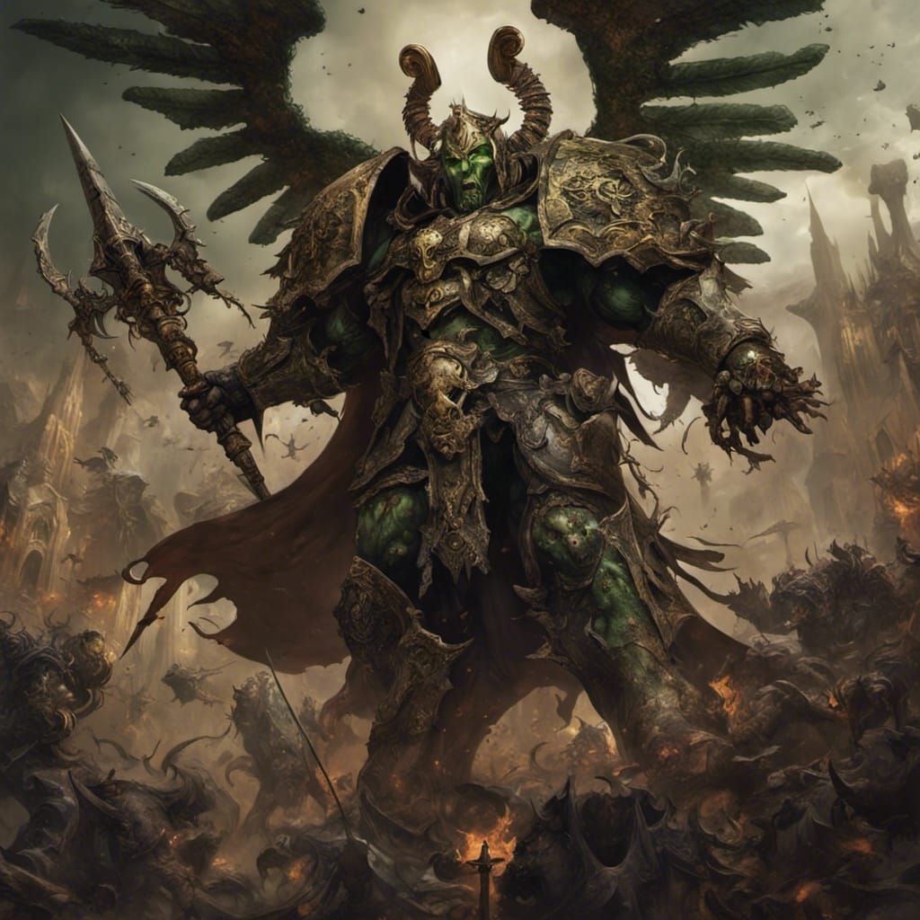 Mortarion, demon primarch of nurgle, fighting an eversor assassin - AI ...