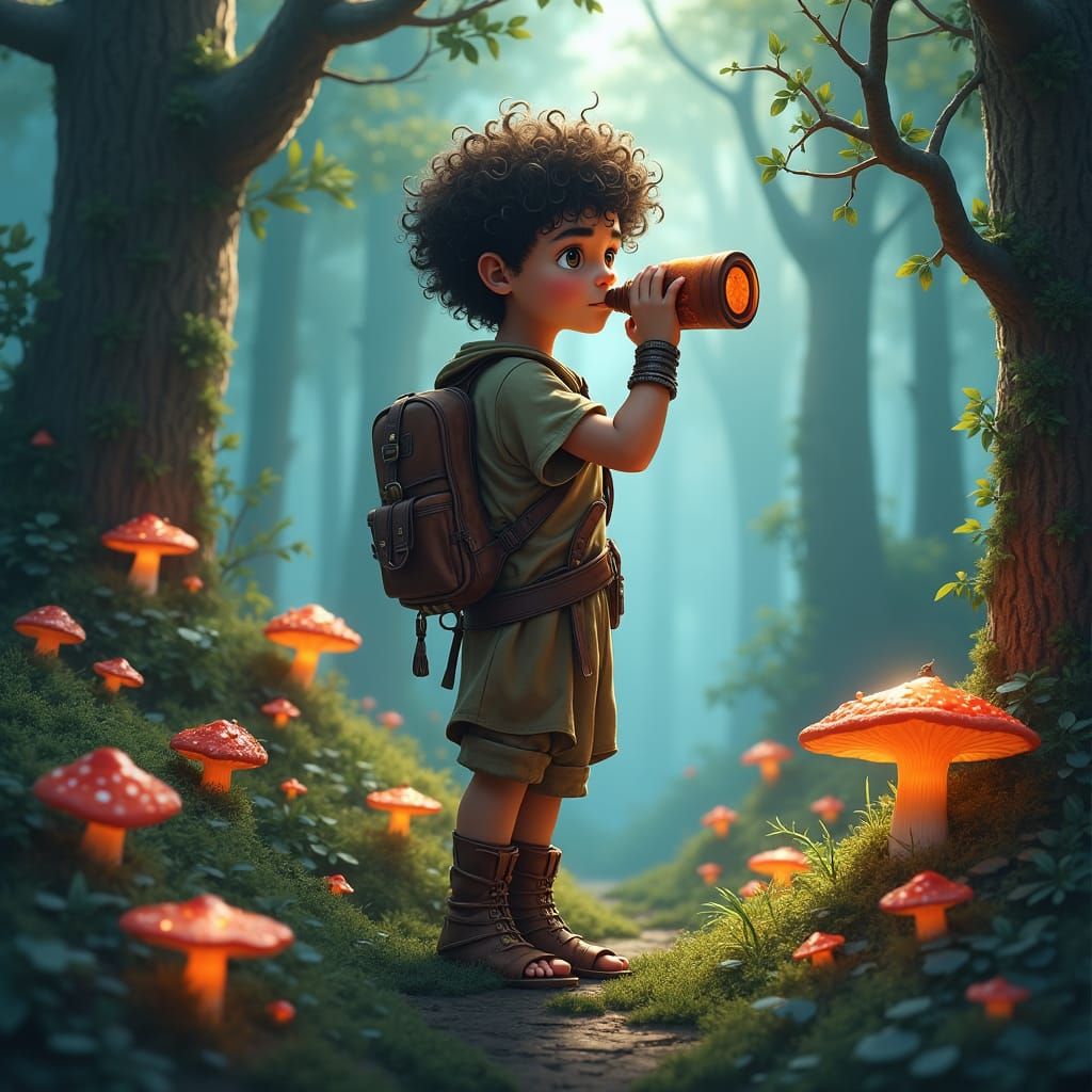 Boy Quenches Thirst in Mystical Forest