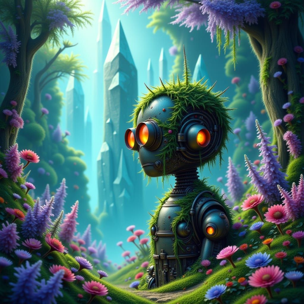Automaton City in Crystal Forest 🤖🌳

An ancient automaton overgrown with plants in a crystal forest, digital matte painting style.
<lora:Yip...