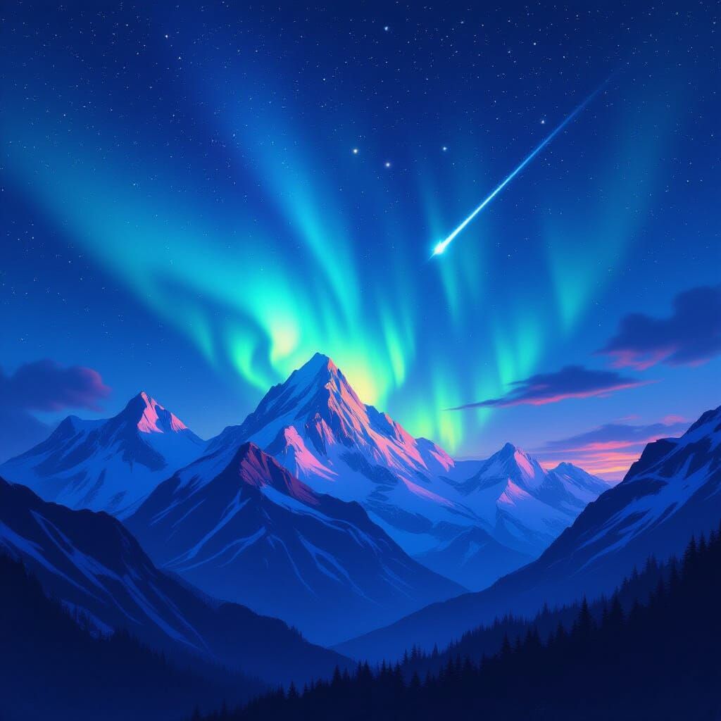 Majestic Mountains Under Aurora and Starry Night Sky