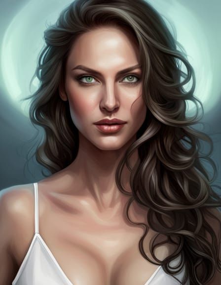 Photo image of a stunning woman  with wavy dark hair and gre...