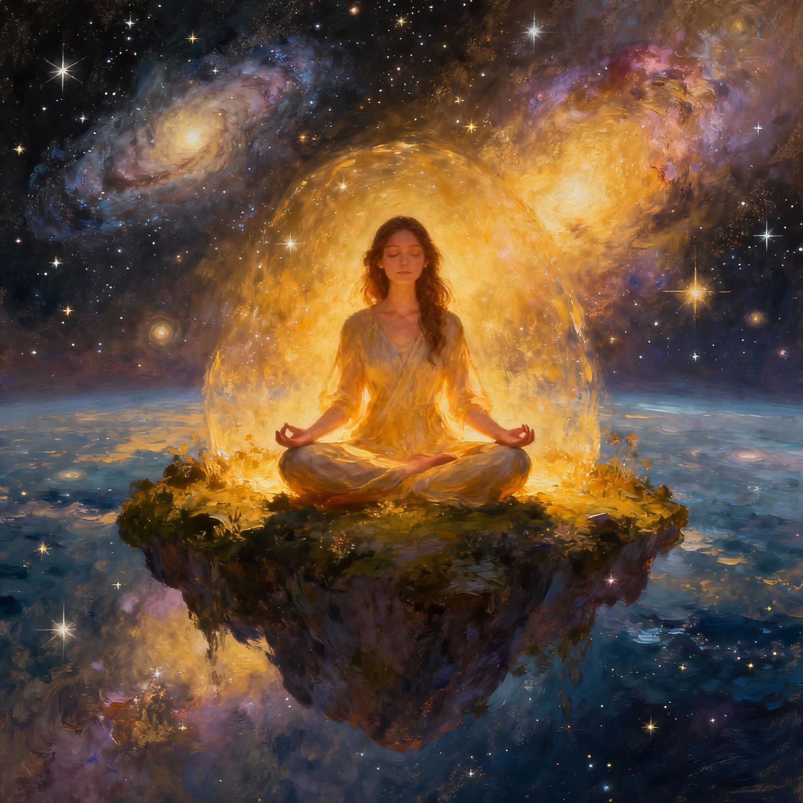 A woman meditating peacefully on a floating island amidst a celestial sea of stars and nebulae. She is ...  by @Eclectic shambles