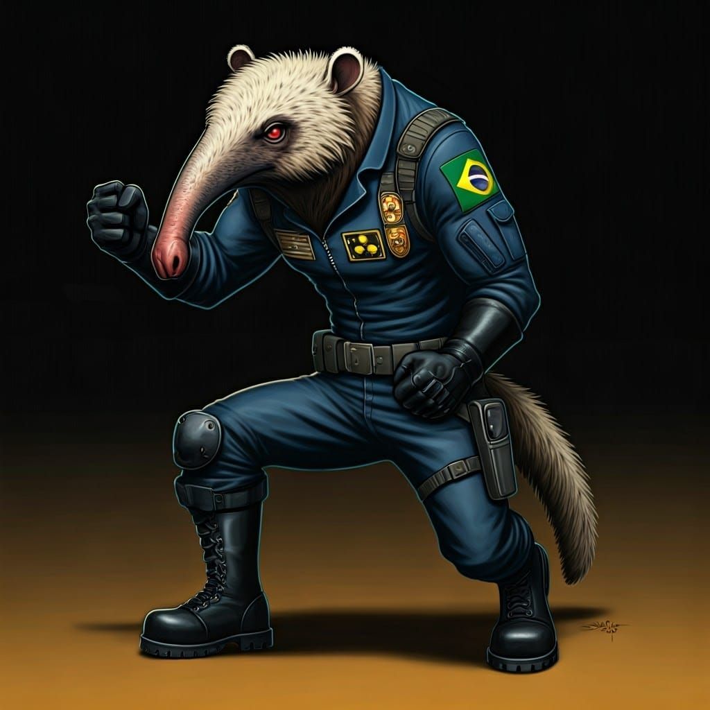“Tamanduá-bandeira anteater on navy jumpsuit. Black boots and gloves. Leg holster. Military badges. Asserts dominance. Clenched fist. Brazil...