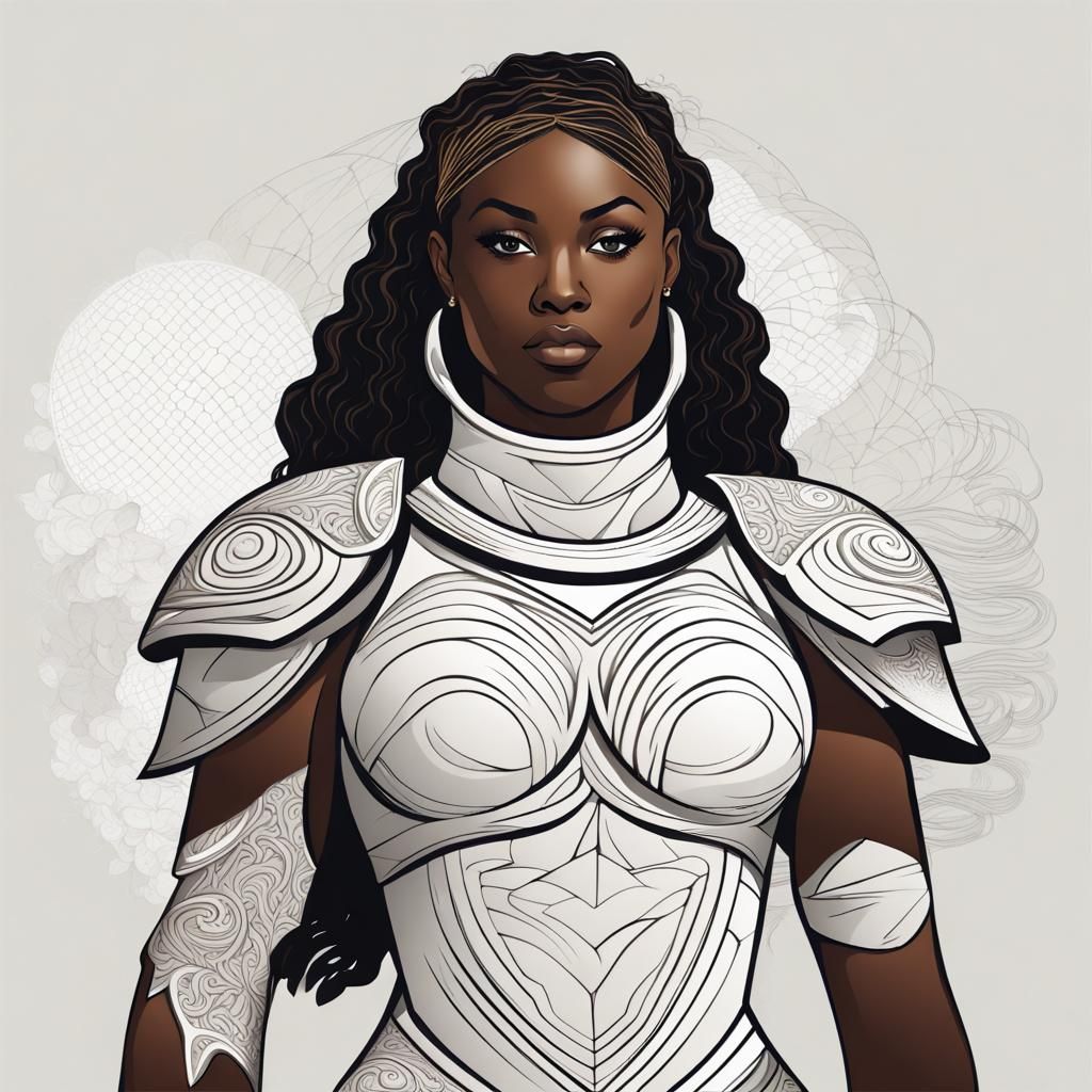 A black female gladiator wearing a white gladiator costume a...