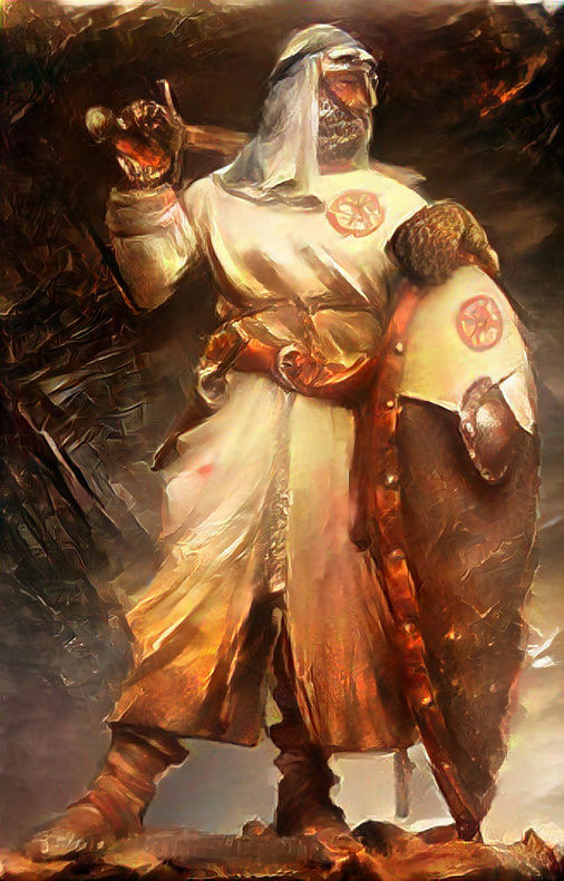 Knight in front of burning city