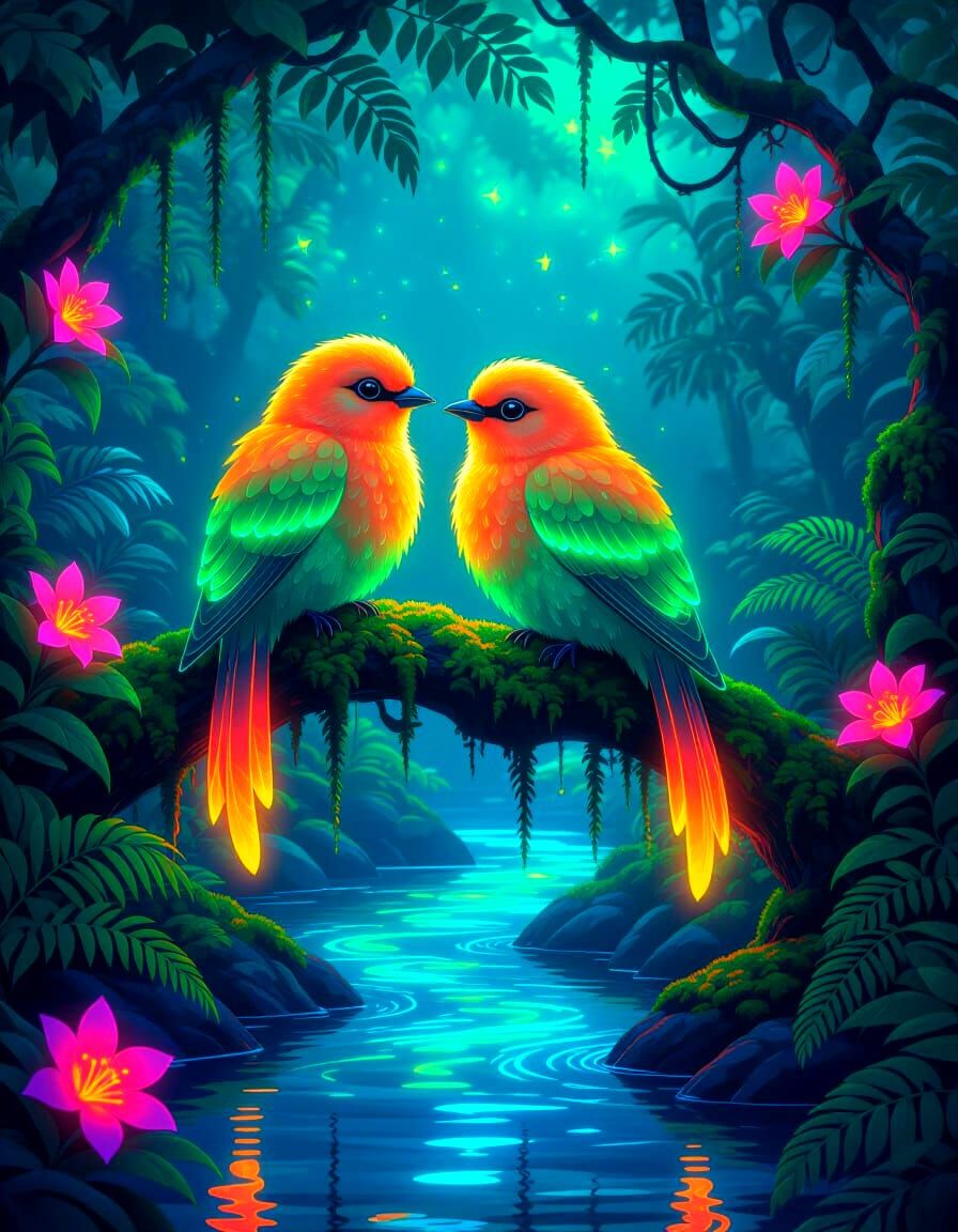 Exotic neon glowing bioluminescent orange and green birds in love, with fluffy, textured glowing neon ...  by @AutumnBear