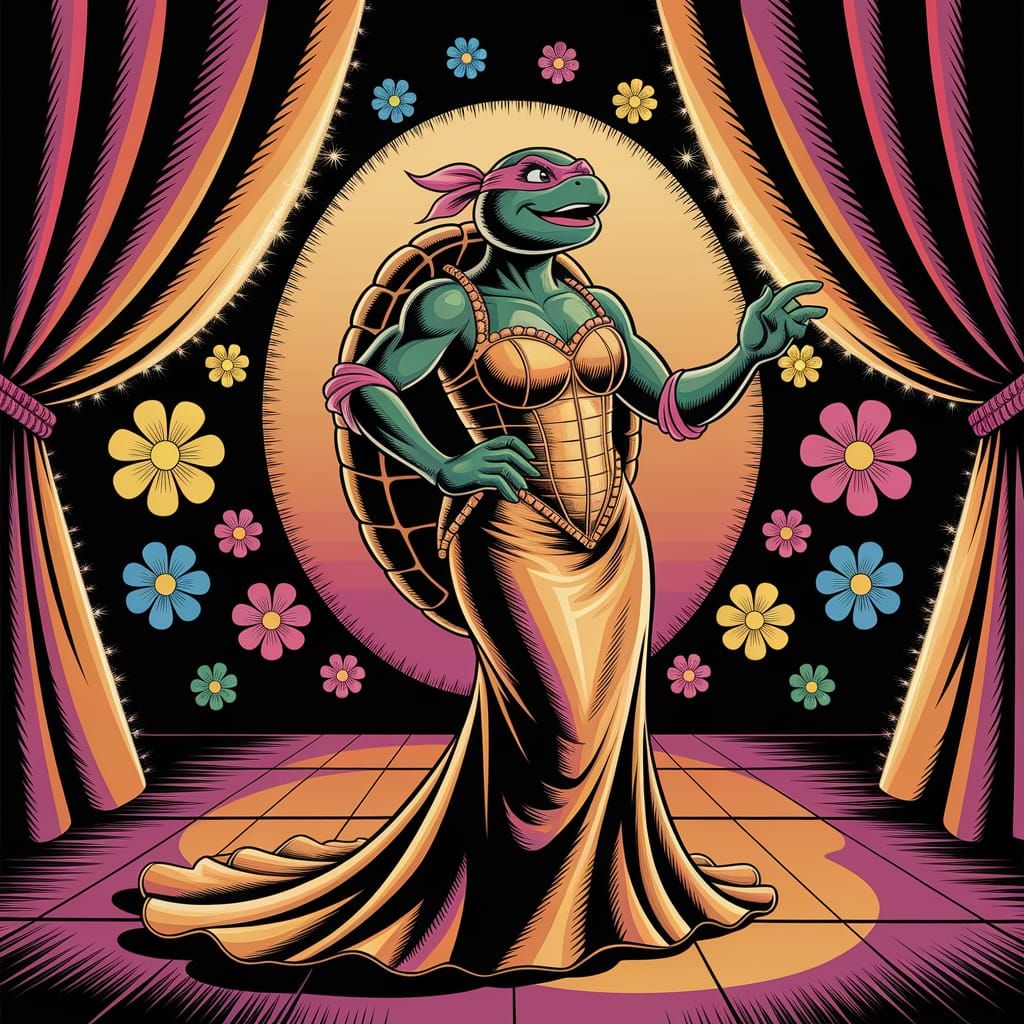 Turtle Opera Singer in Pulp Comic Style on Stage