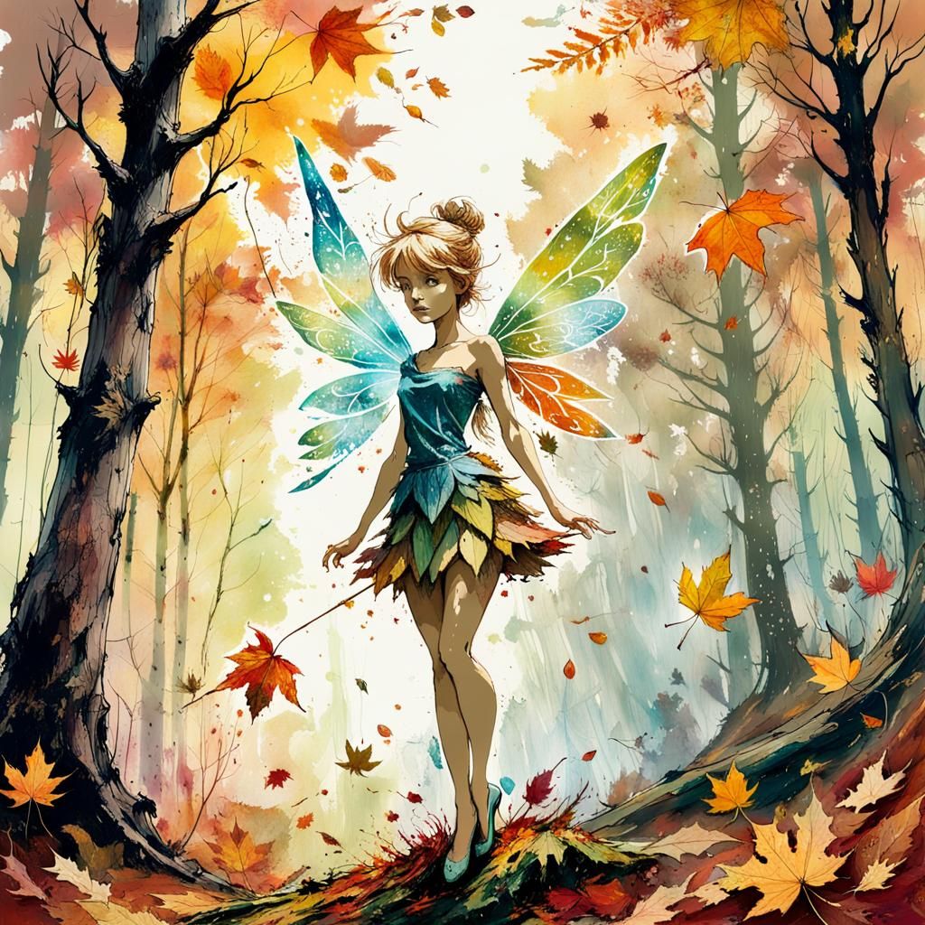 resplendent Tinkerbell as the Goddness of Autumn in a forest ; full ...