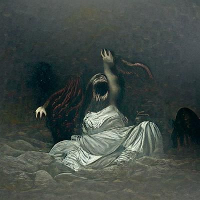 Demon woman screaming hands raised on a corpse on the ground in