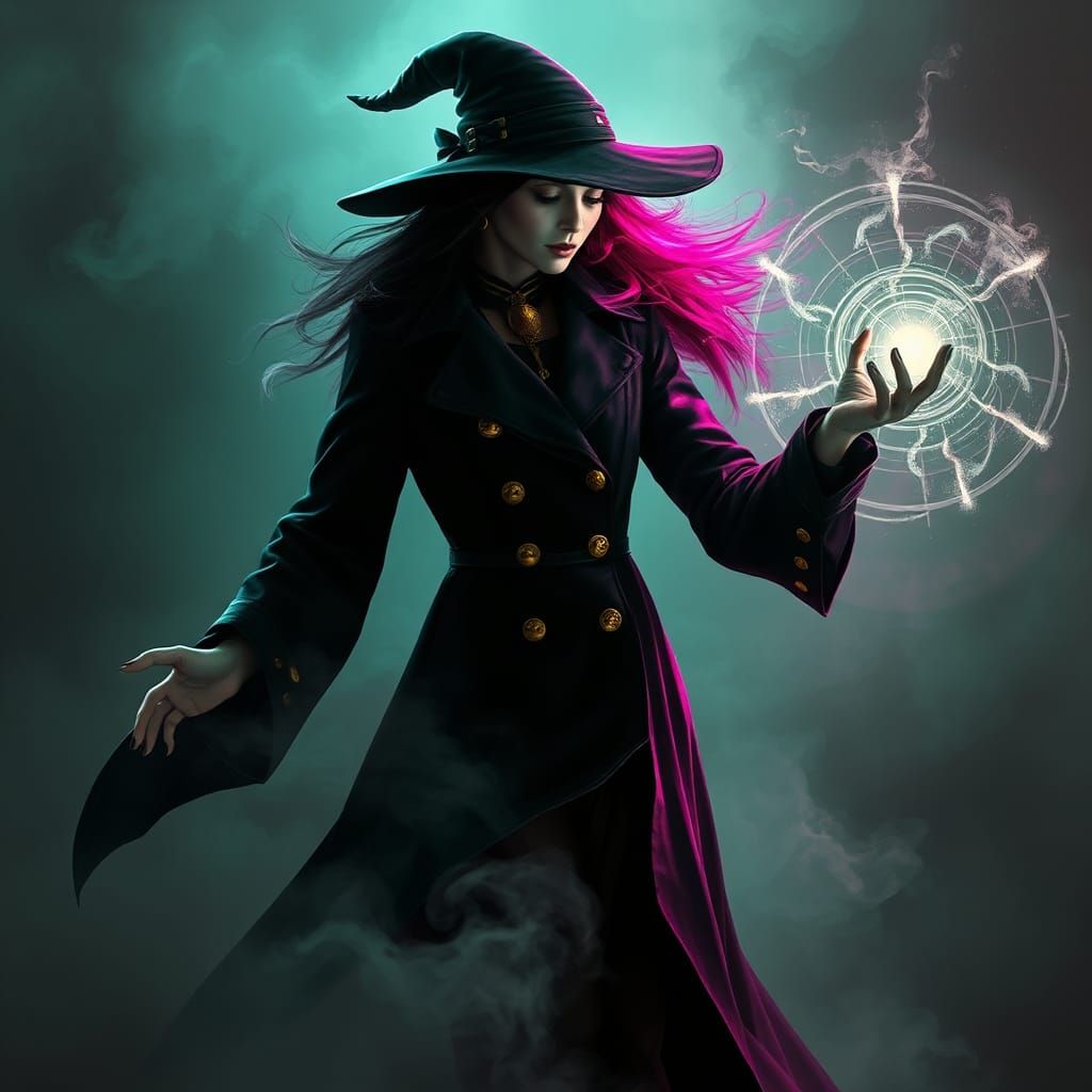beautiful dieselpunk witch Casting a magic spell, dynamic li...
