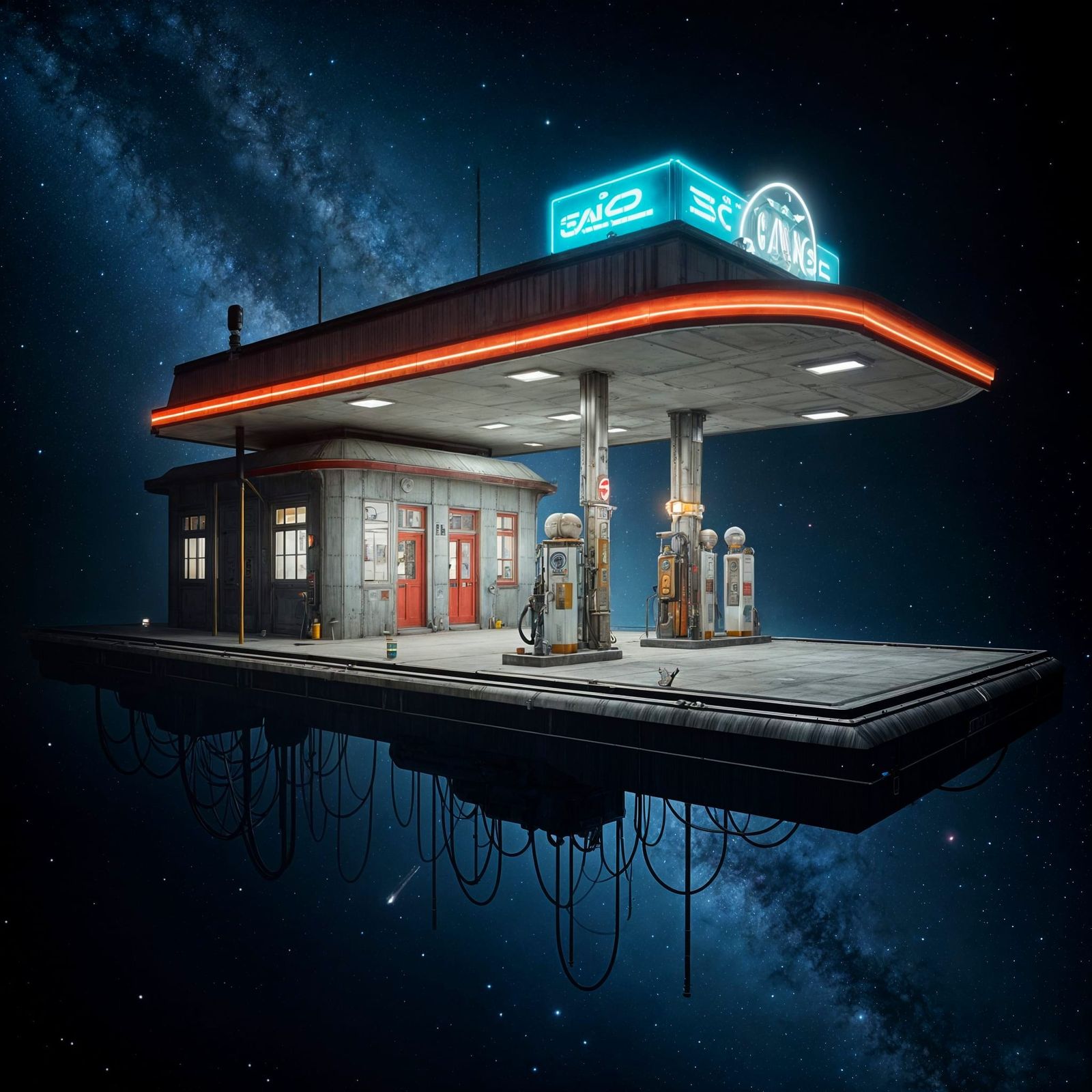 A 1920s gas station on a stand alone space platform to refill spacecraft travelling to the far reaches ...  by @Dantonio