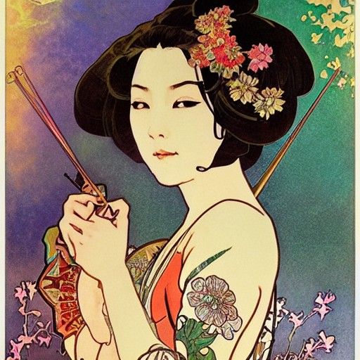 Japanese Onna Musha Alphonse Mucha style - AI Generated Artwork ...