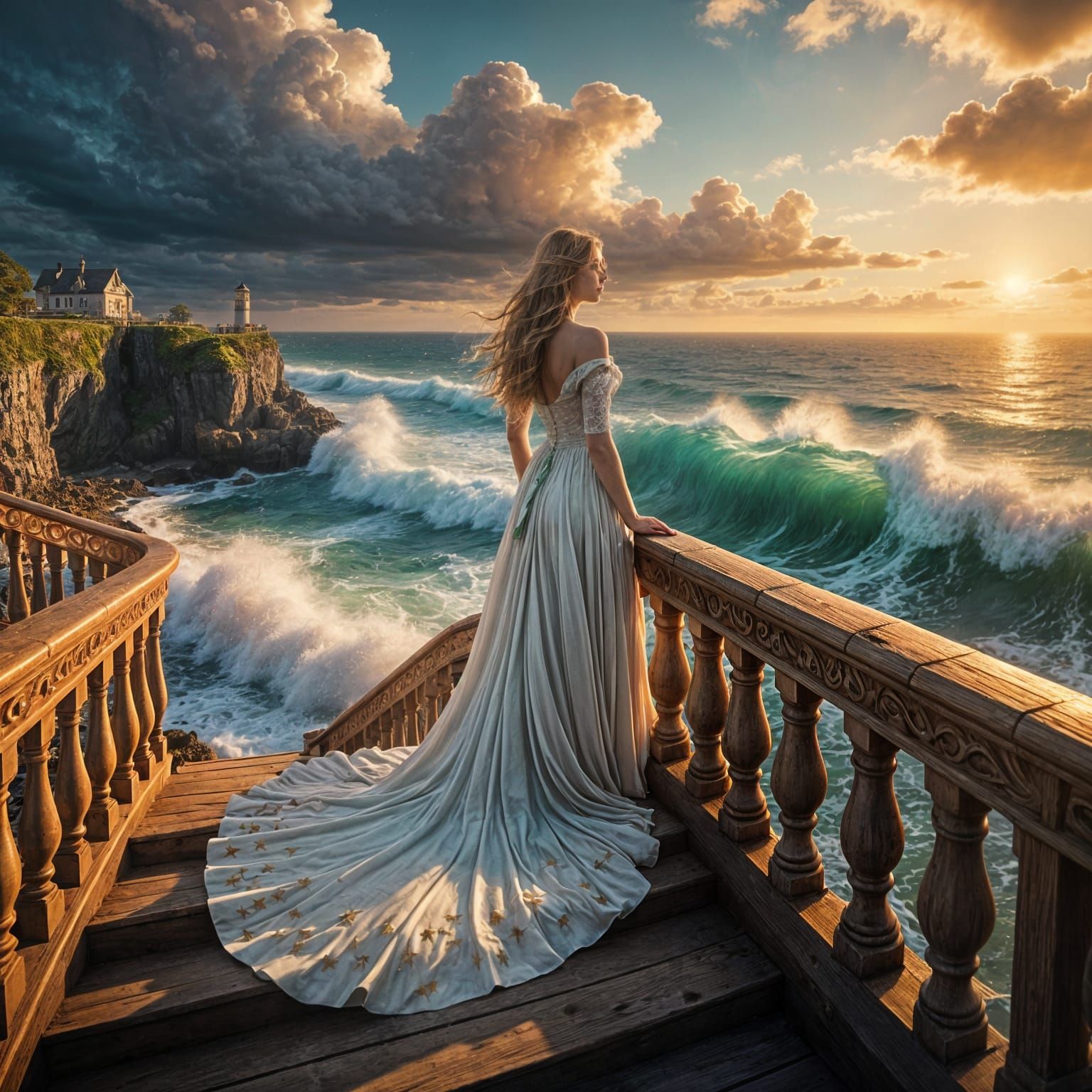 Epic Aurora Borealis Scene with Young Woman on Elevated Ledg...
