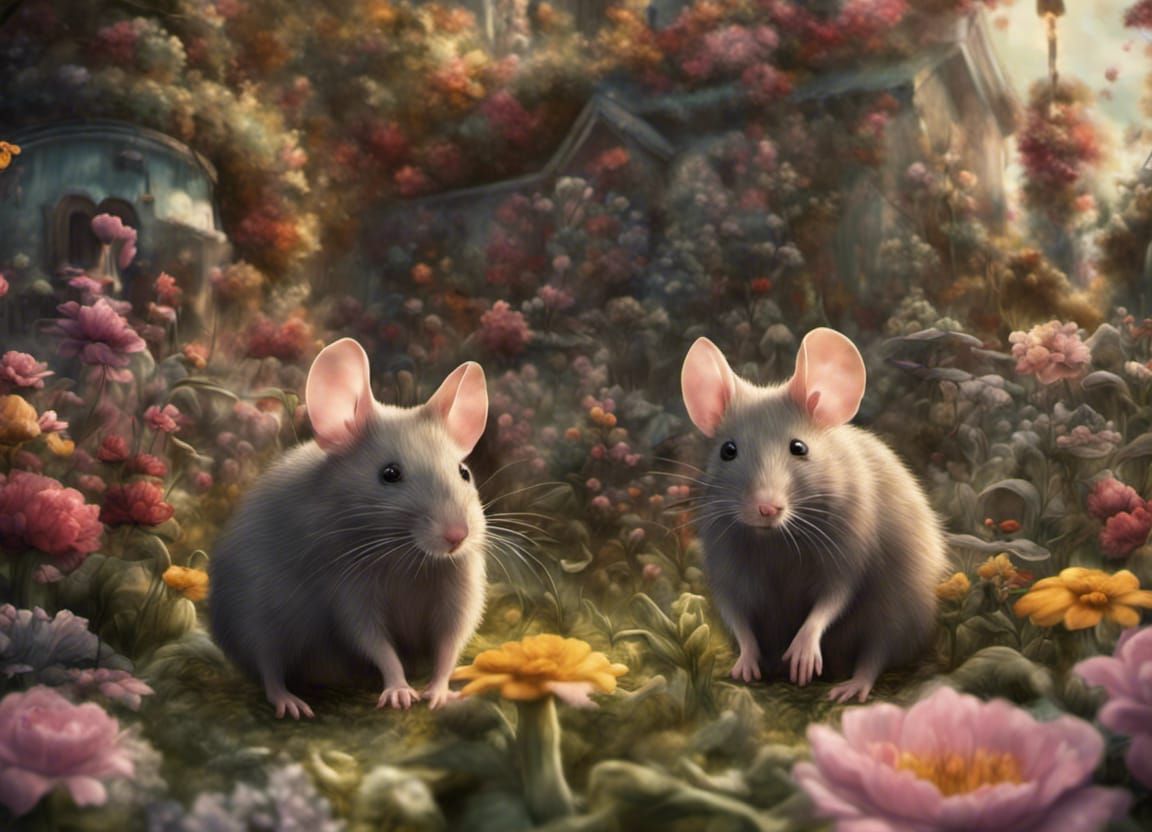 Mice Family in Flower Garden: Adorable Digital Painting