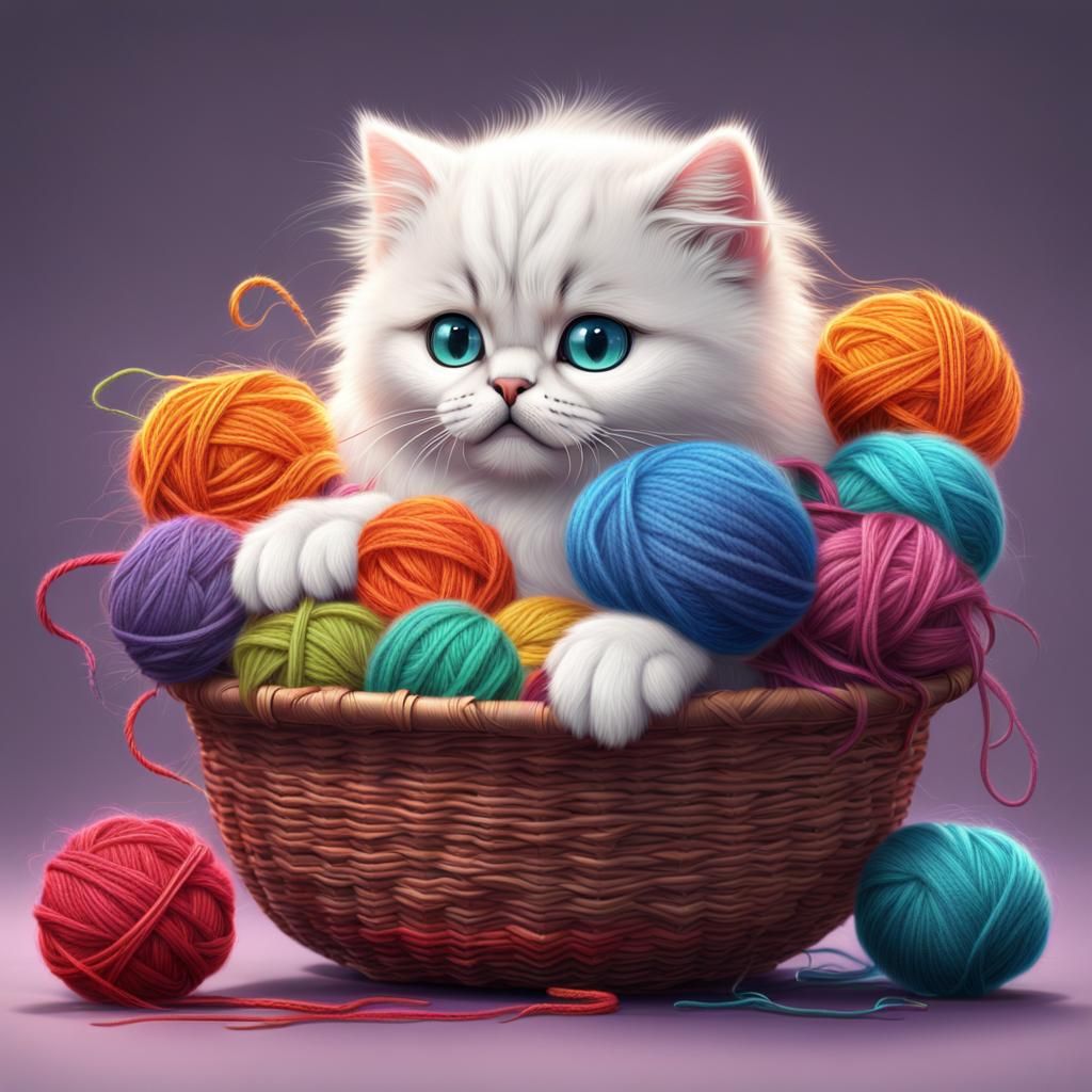 white long-haired Persian kitten, basket of colorful yarn
