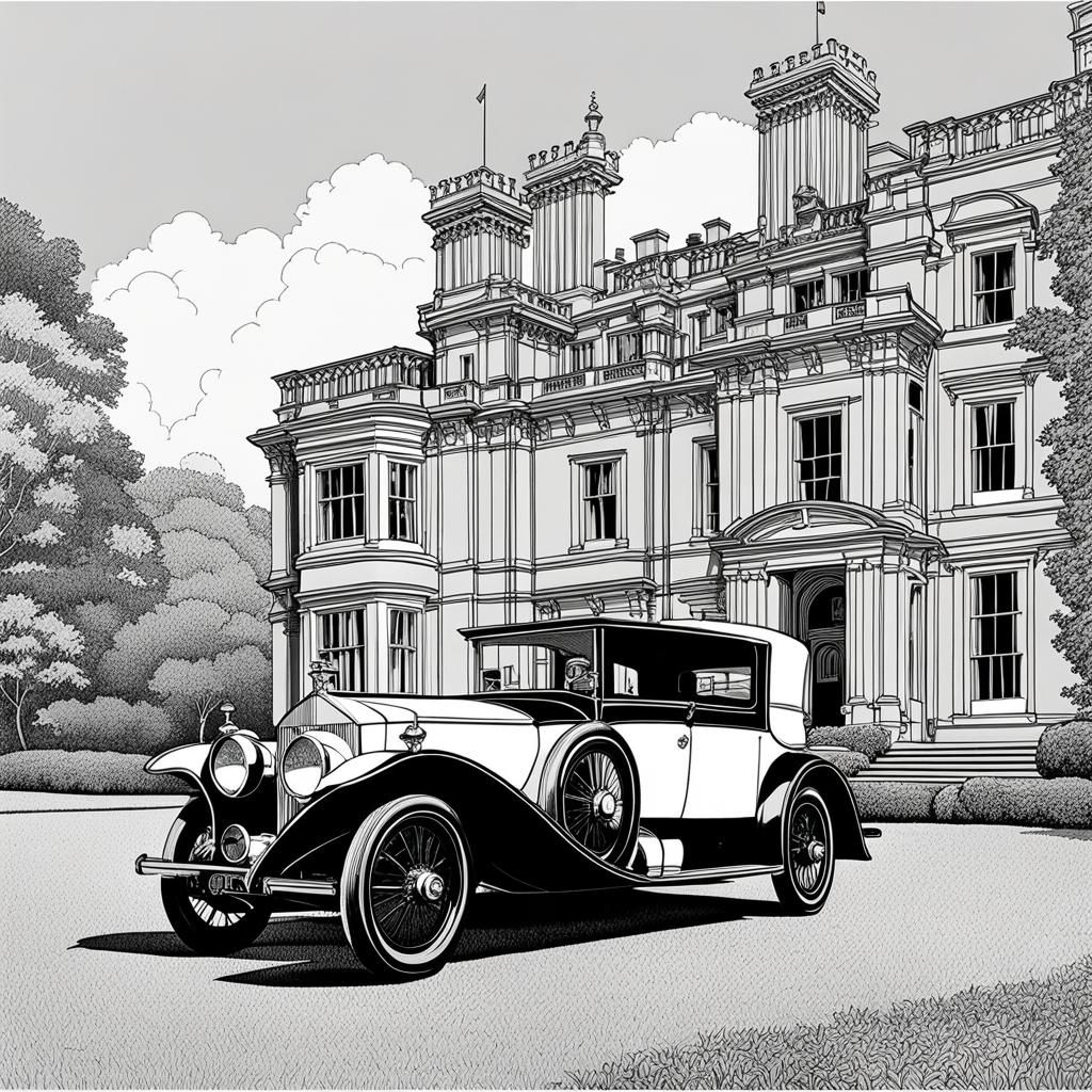 colouring page, 1905 vintage Rolls Royce parked in front of Stately ...