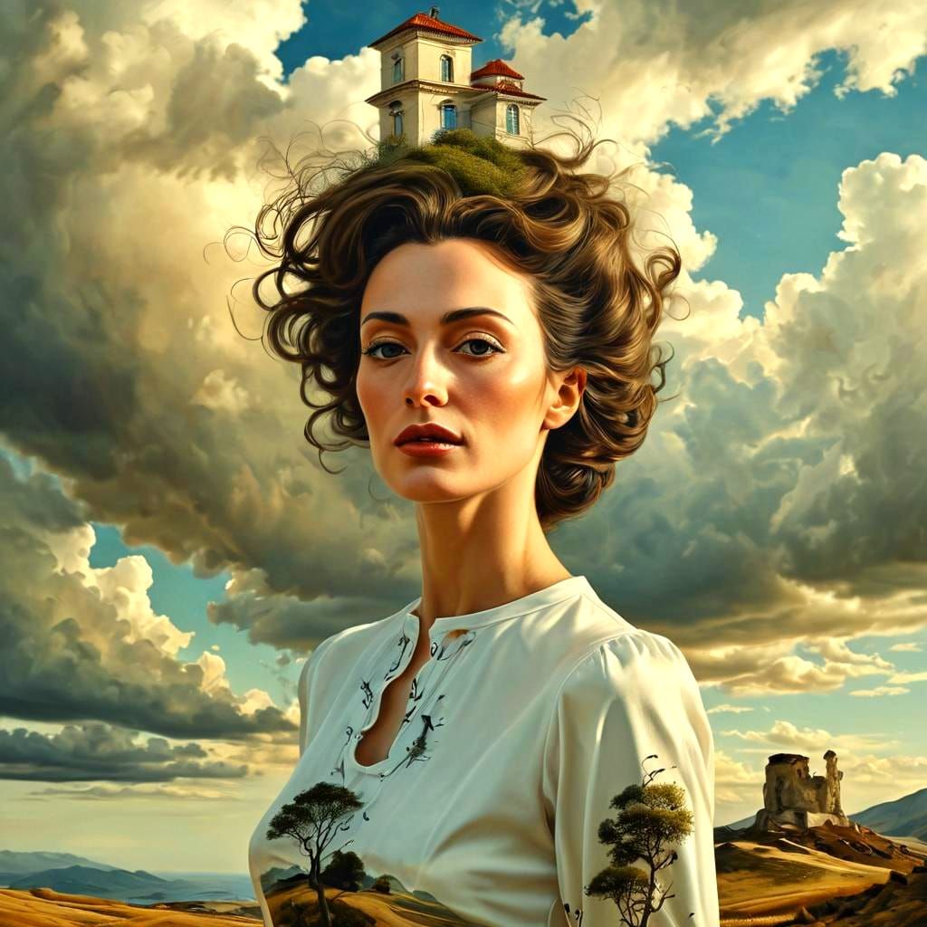Surreal Woman in Fantastic Landscape, Photorealistic Style