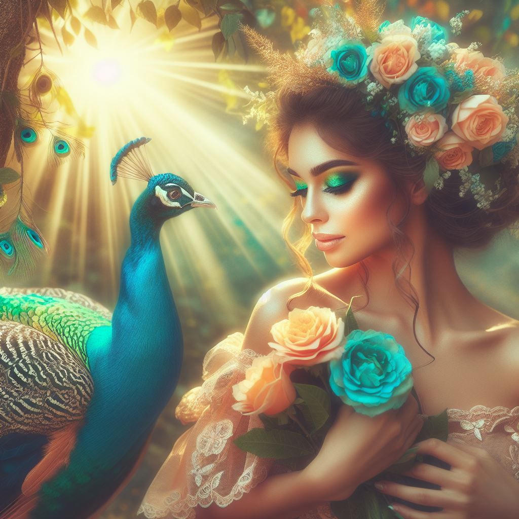 A sweet woman and a peacock