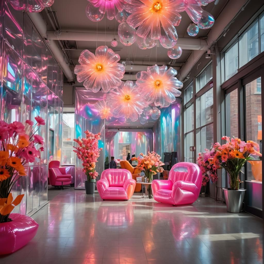 Iridescent Cellophane Hallway with Inflatable Furniture