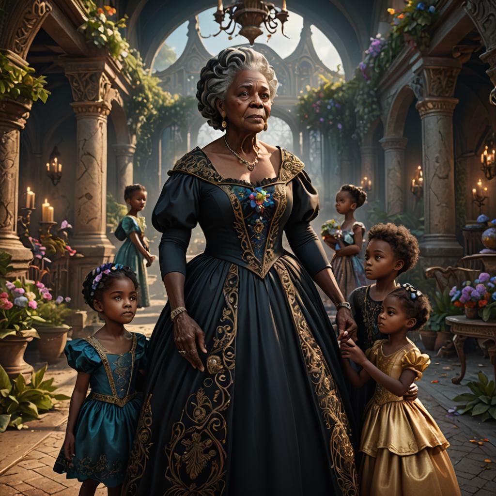 A beautiful  grandmother  wearing a ball gown with her grandchildren surrounding her.