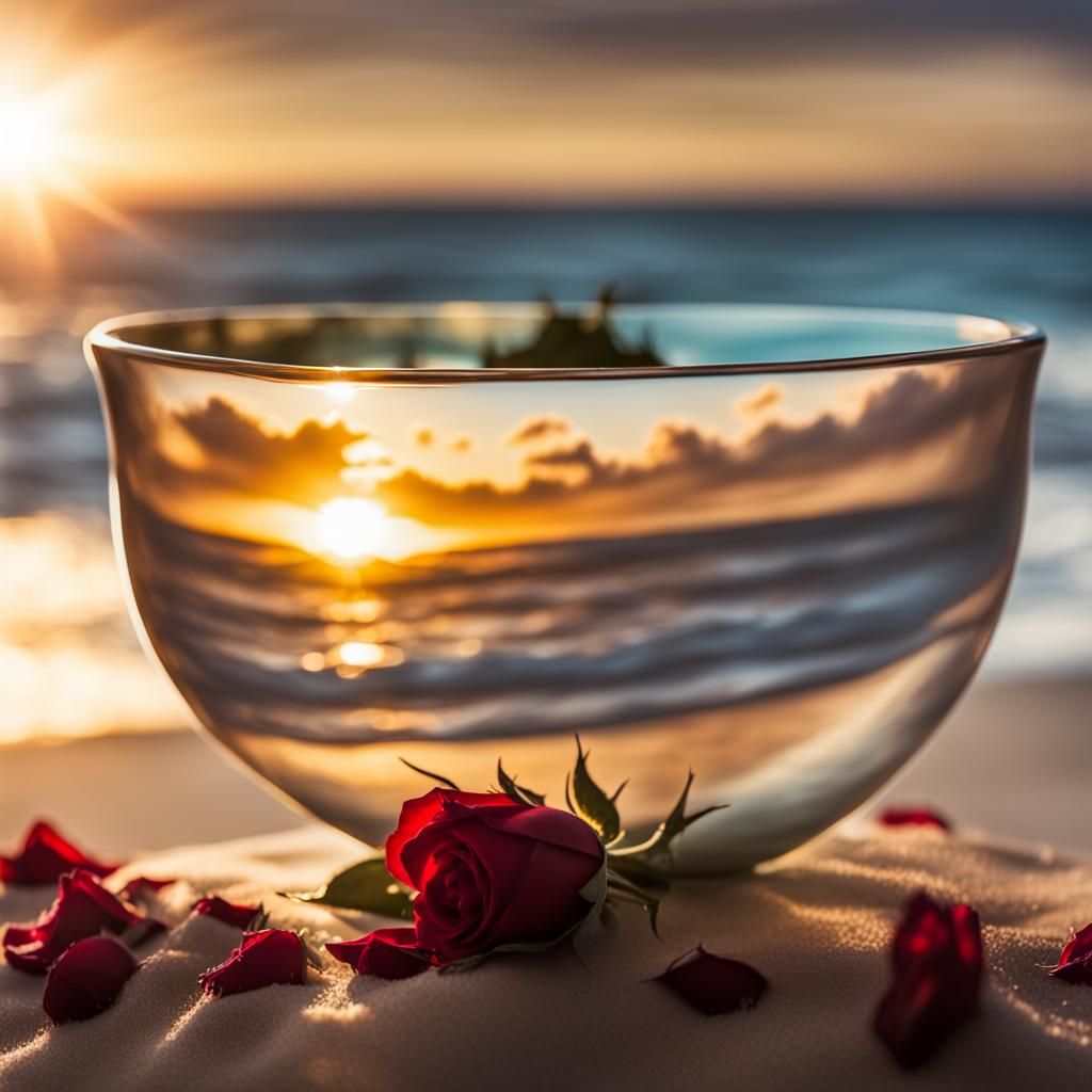 Glass bowl with a beach and sunset. Red roses and waves.