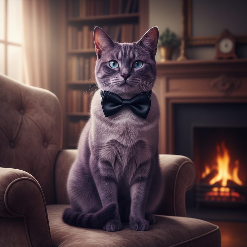 Purple cat with a black bow