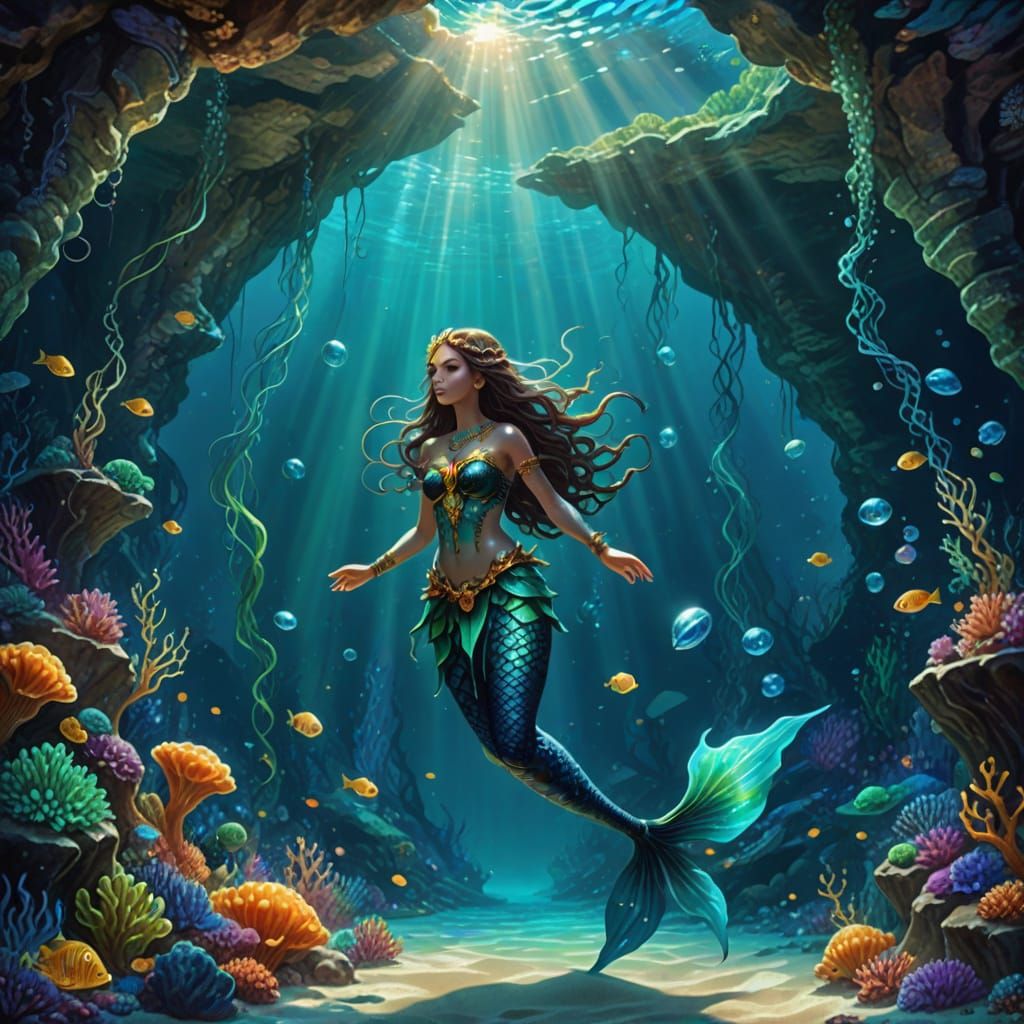 Under the shimmering waves, a mermaid glides gracefully through a world of colorful coral and curious fish. 🌈🐠  by @Riya Delene 