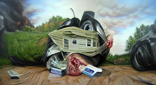 Crippling debt collected by sickness and death hyperrealism