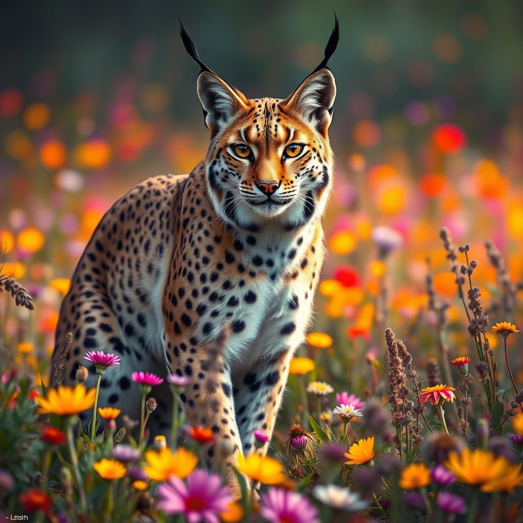 A striking picture of a lynx  standing in a vibrant, colorful setting. The image captures the lynx intricate ...  by @jeduardocwb