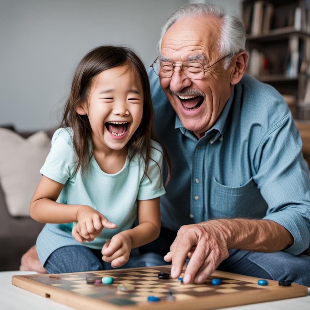 grandpa and granddaughter laughing mischievously while playing a game   by @Pjrockey