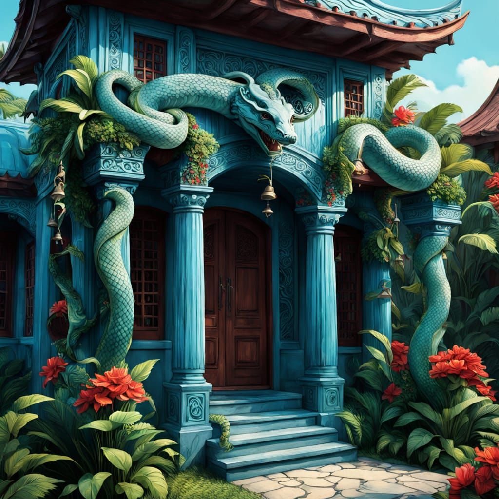 Whimsical Serpent House with Bells in Ethereal Tropical Sett...