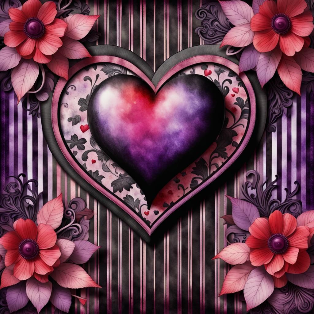 Black, red, purple  and pink hearts on top of a  floral and ...