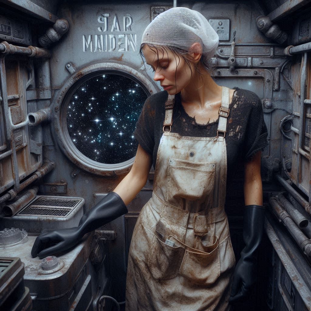 Ship's cook checking the hydroponics bay of an old spacefrei...