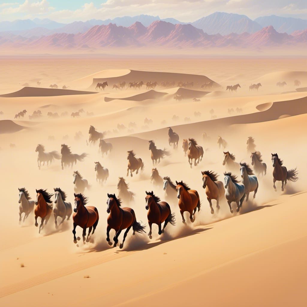 <lora:MakeItPretty:1.0> A herd of wild mustangs stampedes ac...