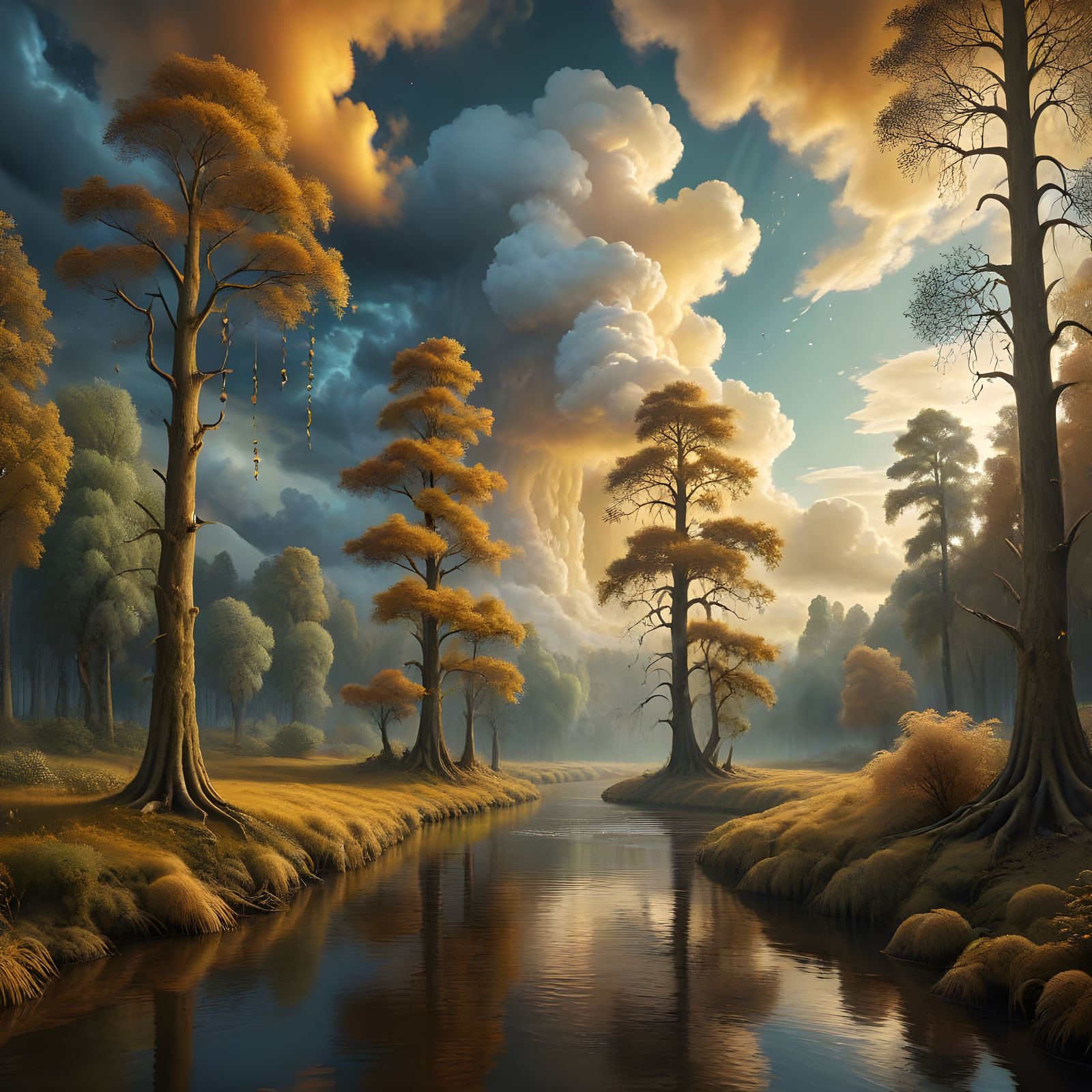 A surreal landscape, by a serene river. Surrounding trees and clouds evoke a magical atmosphere, with ...  by @MothersHeart