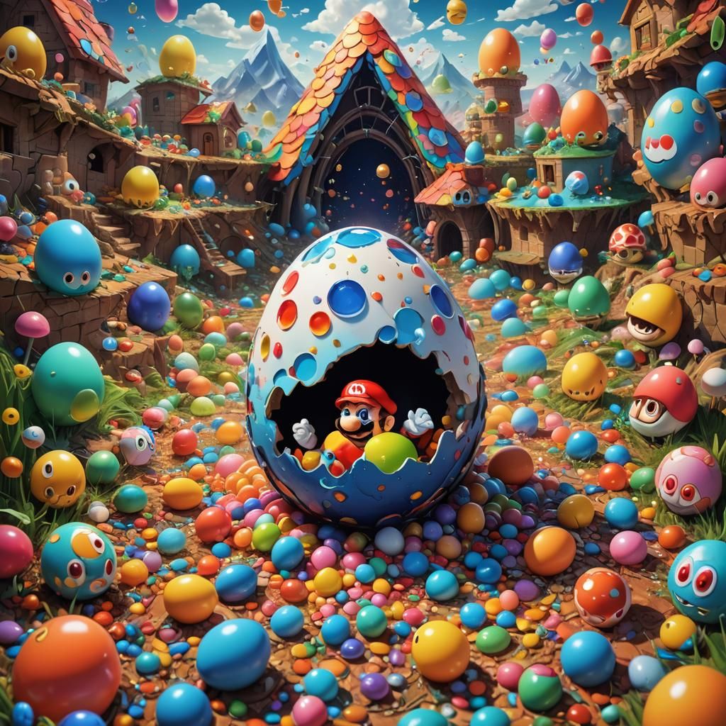 Chromatic Surrealism, a scary Mario hatching from an egg in a surreal ...