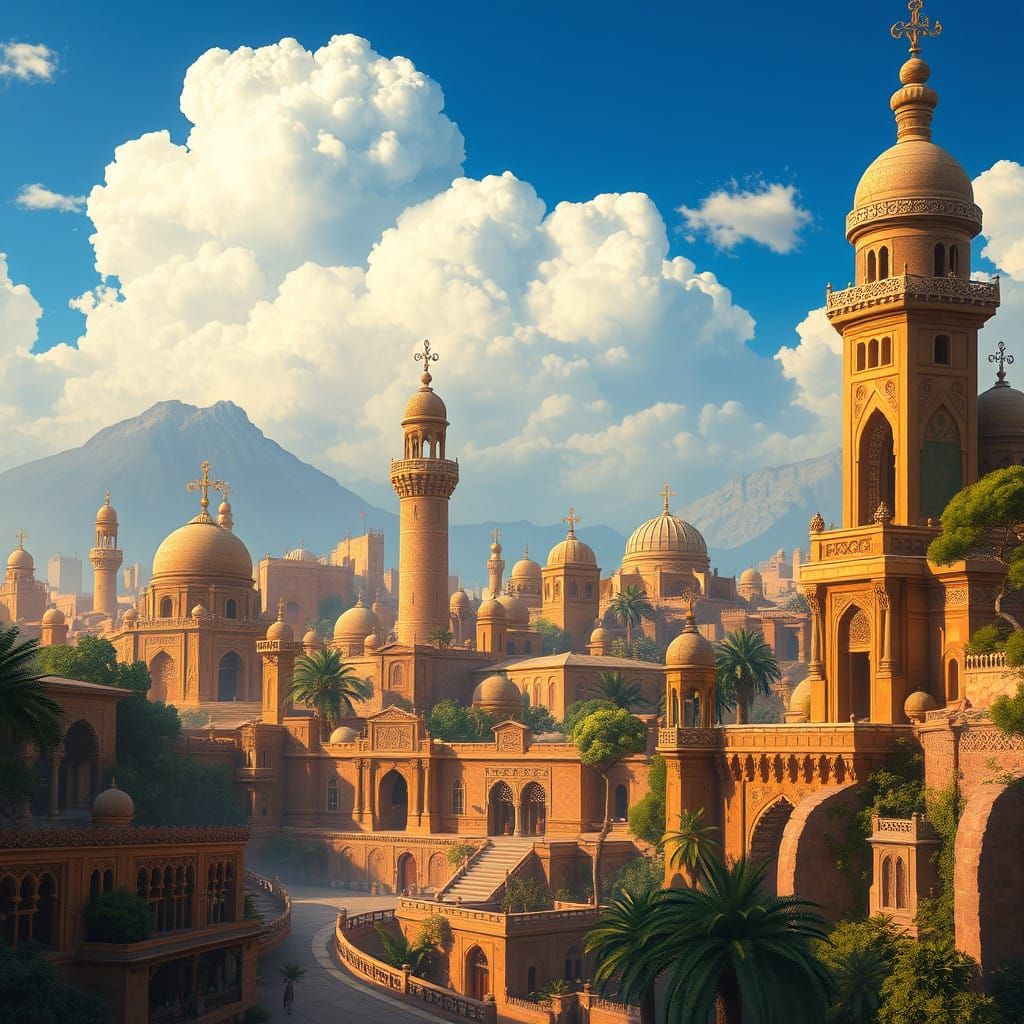 Ancient Middle Eastern Cityscape in Warm, Golden Light